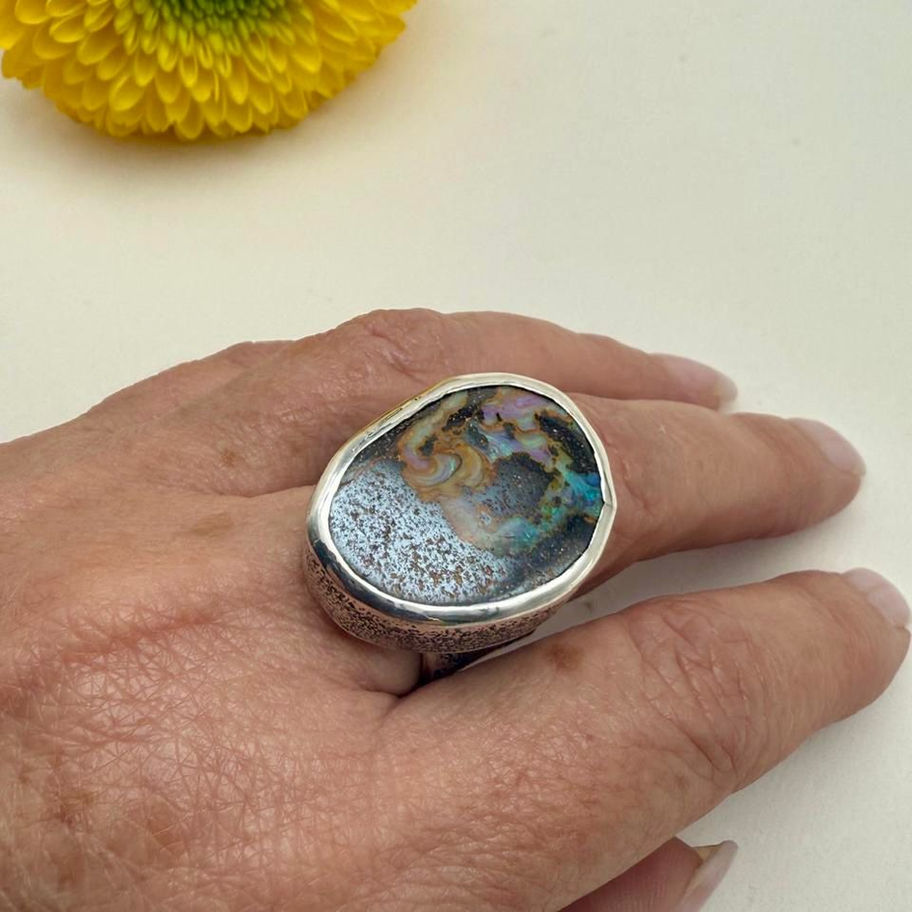 Boulder Opal Ring with Textured Band
