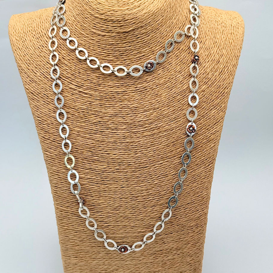 Long Oval Link Necklace with Copper Flower Detail
