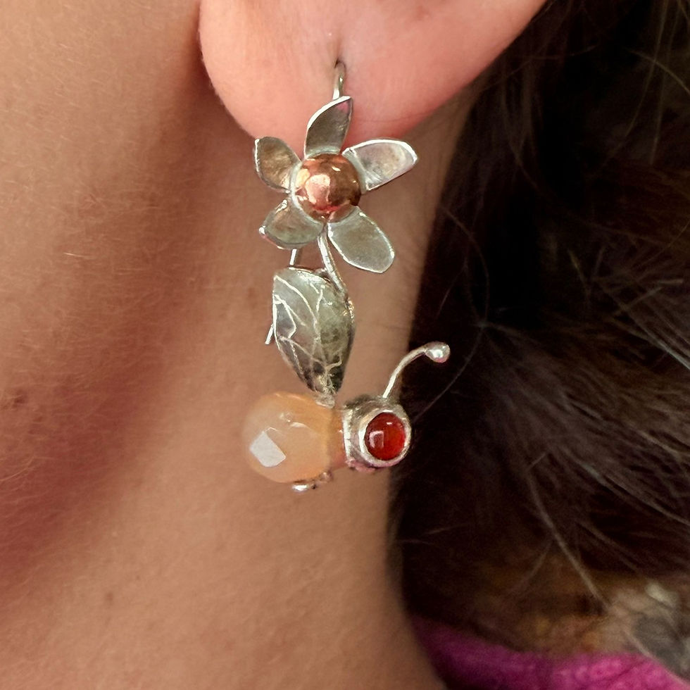 Carnelian and Copper Flower and Bug Earrings
