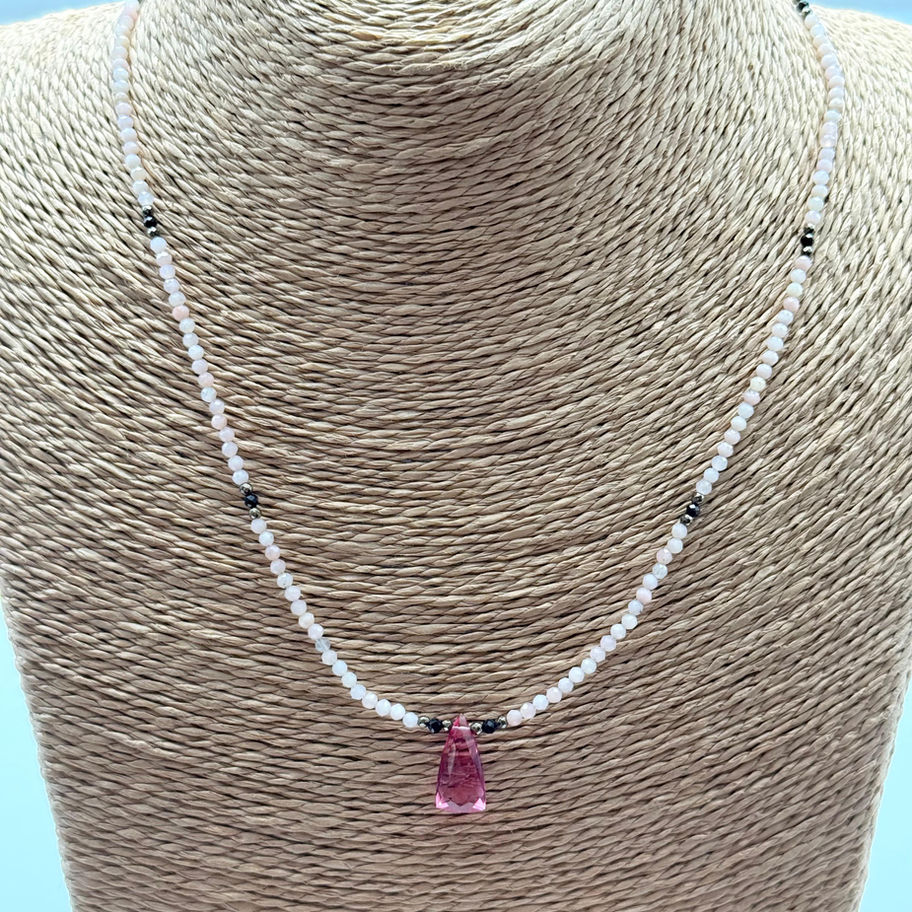 Pink Agate, Pyrite and Onyx Bead Necklace