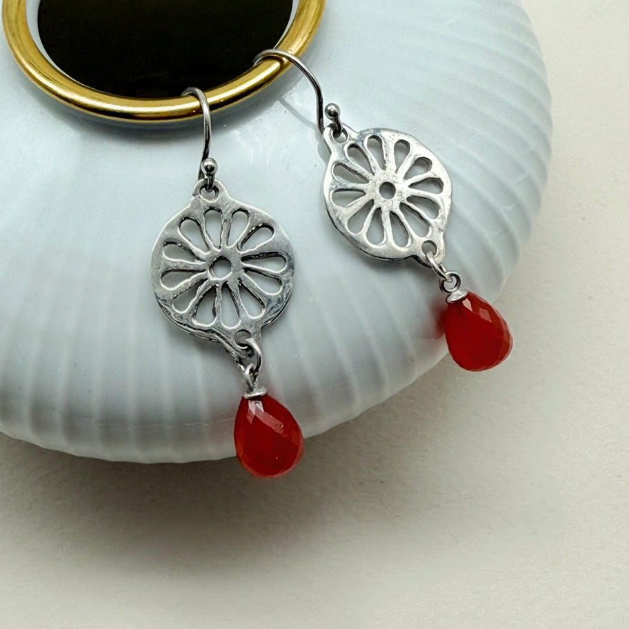 Carnelian Flower Disc Earring