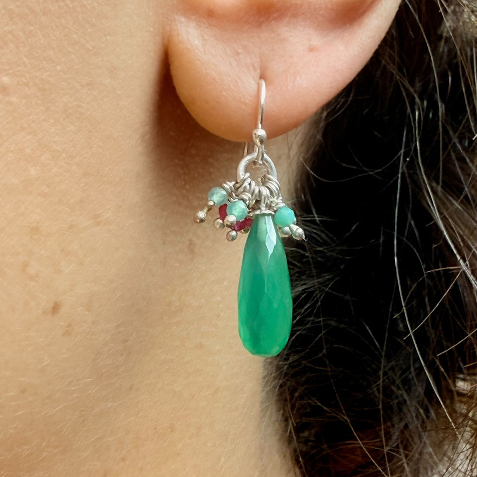 Green Onyx Drop Earrings with Aqua Calci and Ruby Cluster Beads
