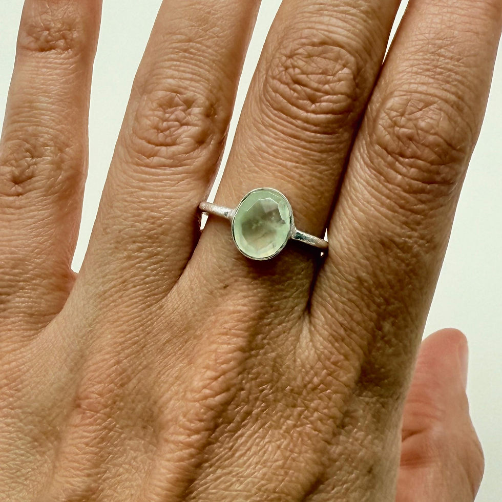 Faceted Oval Prehnite Brushed Band Ring
