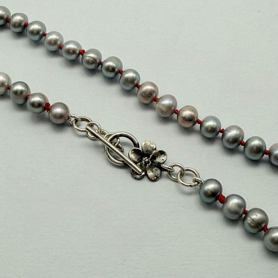 Pale Grey Pearl Necklace on Red Silk with Flower and T Bar Clasp