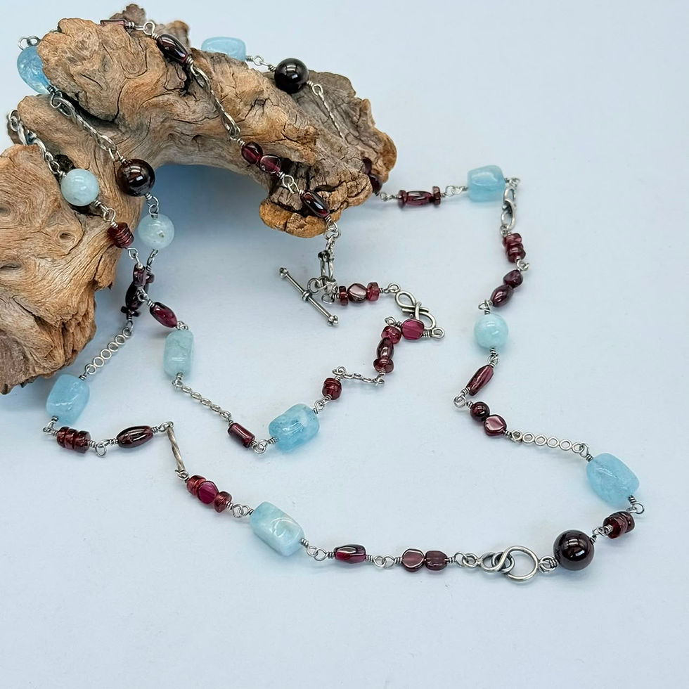 Aquamarine and Garnet Long Necklace
