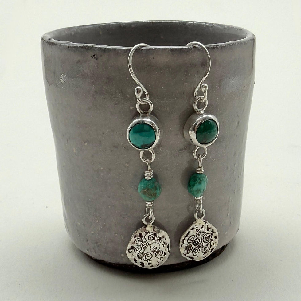 Turquoise Earrings with Ornate Silver Disc