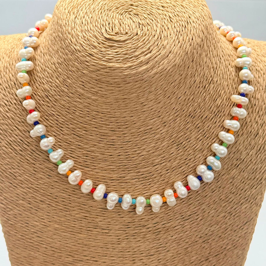 Twin Pearl and Rainbow Glass Czech Bead Necklace