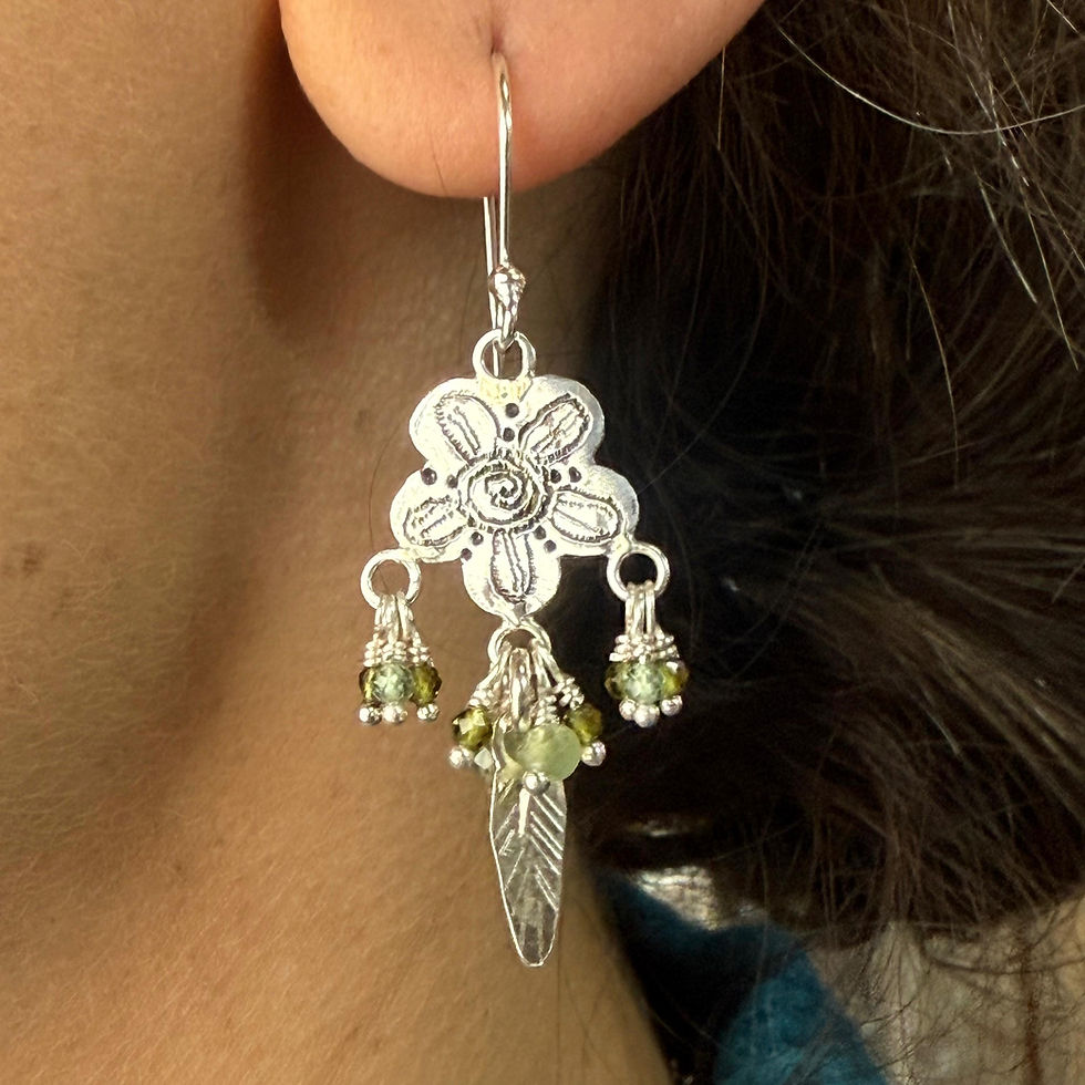 Peridot Bead Flower and Feather Earrings