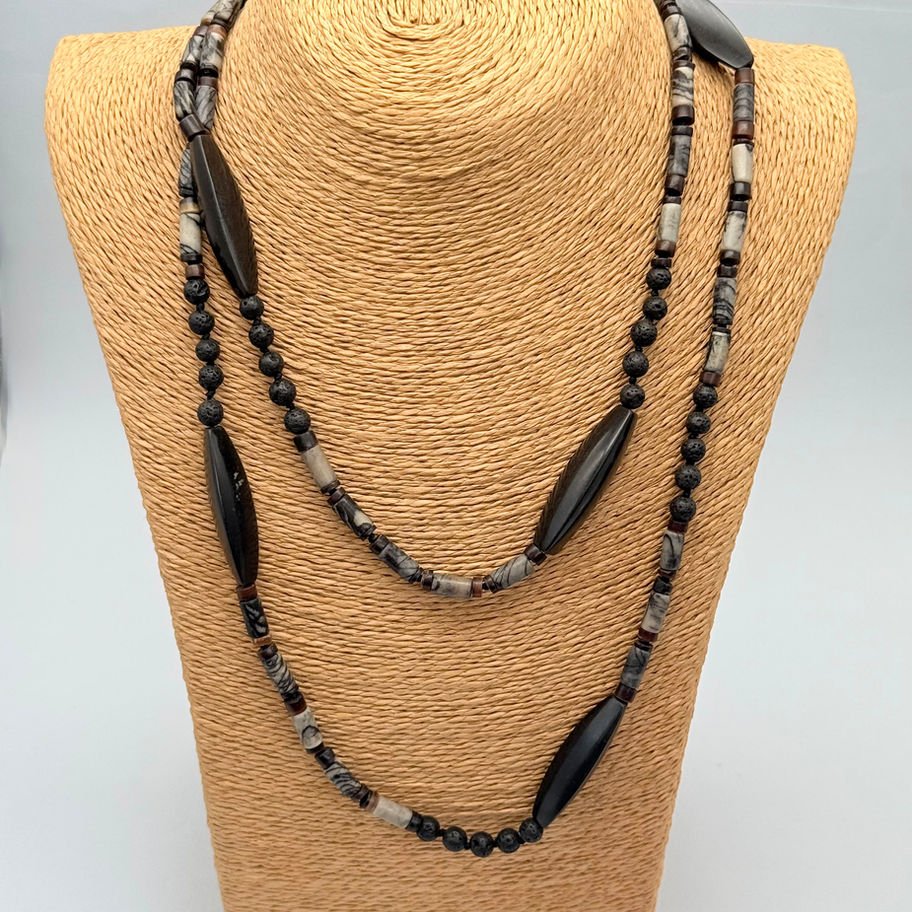 Long Onyx, Jasper and Lava Bead Necklace