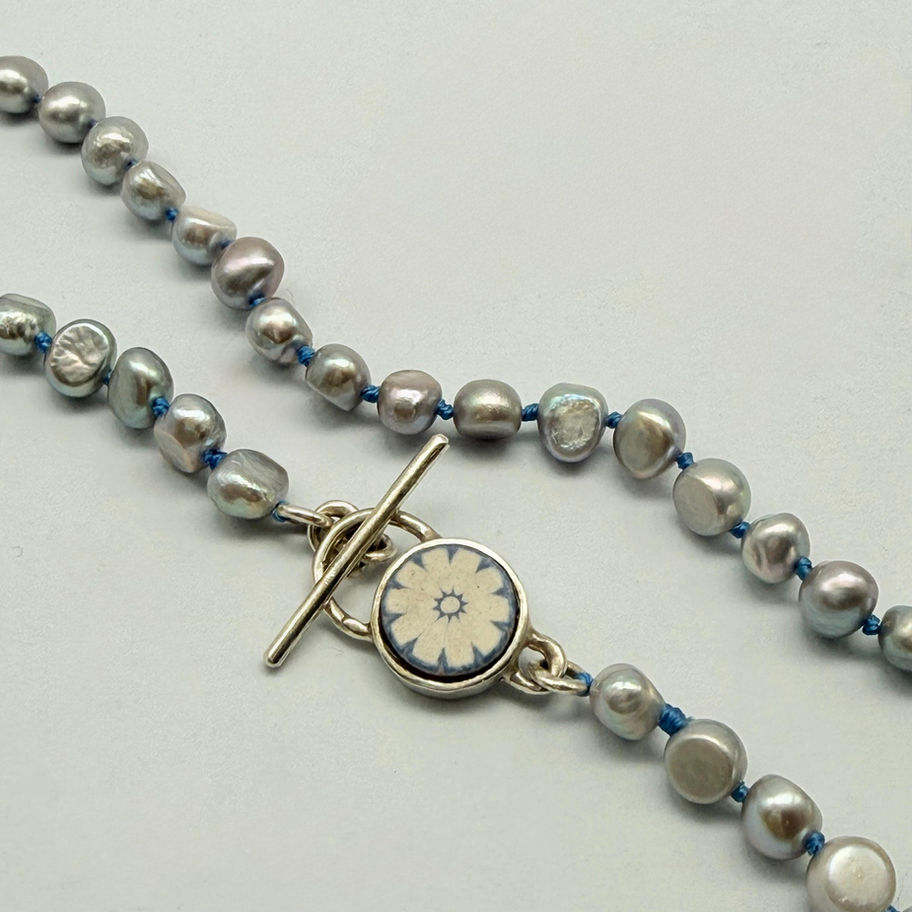 Grey Pearl Necklace on Blue Silk with Ceramic Clasp