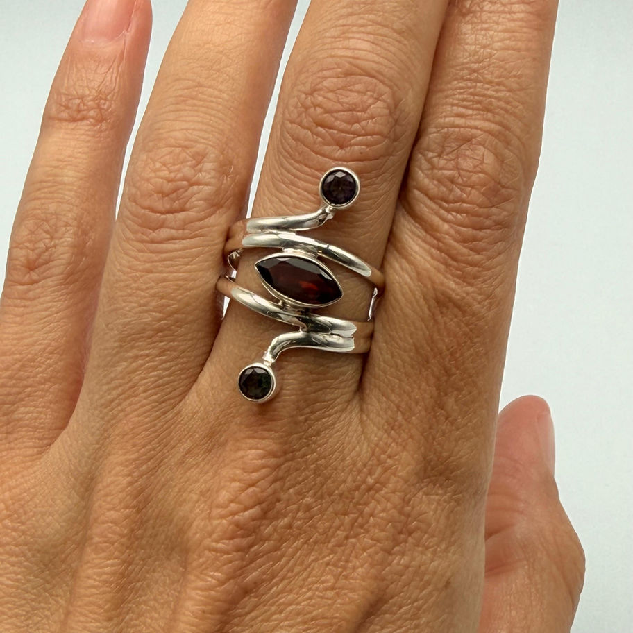 Garnet Marquise Ring with Mystic Topaz Round Stones