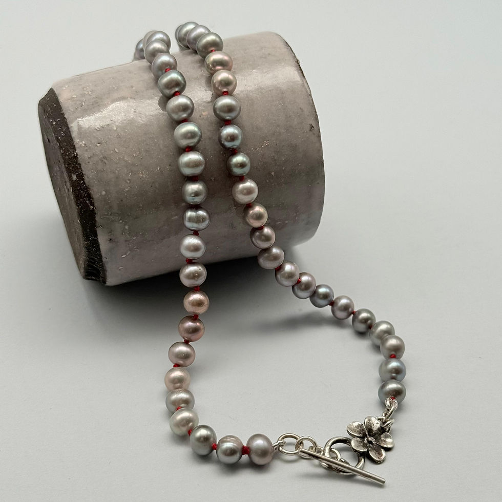 Pale Grey Pearl Necklace on Red Silk with Flower and T Bar Clasp