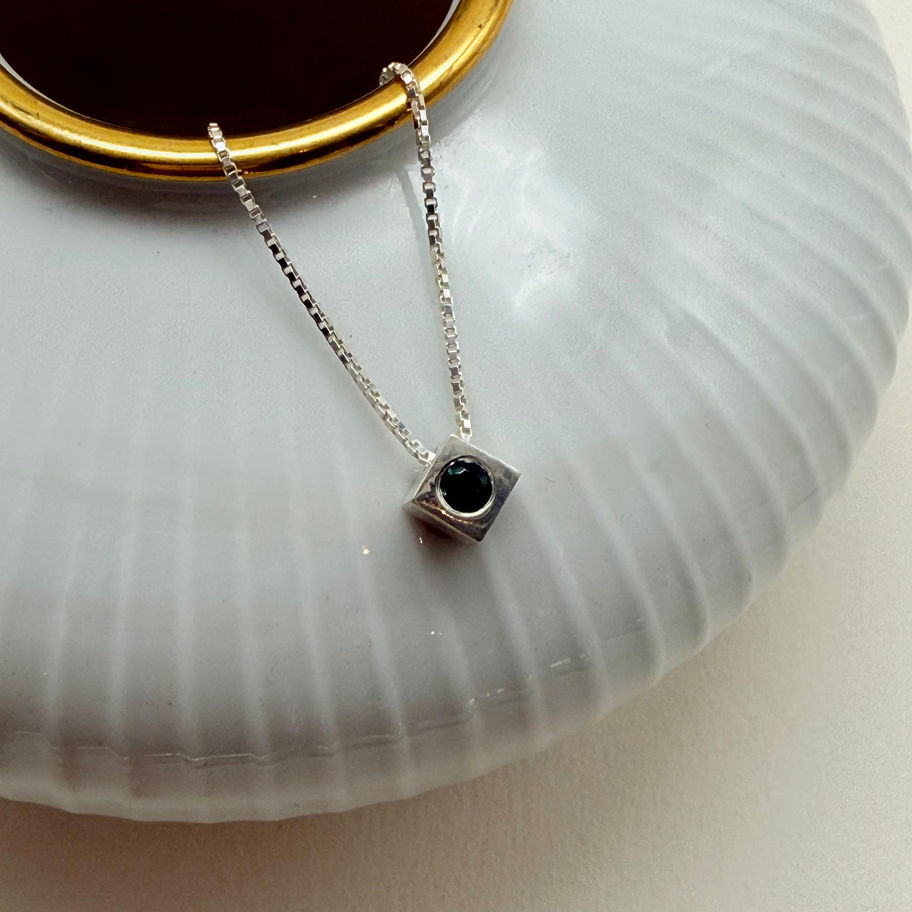 Green Tourmaline Cube Pendant on Box Link Chain