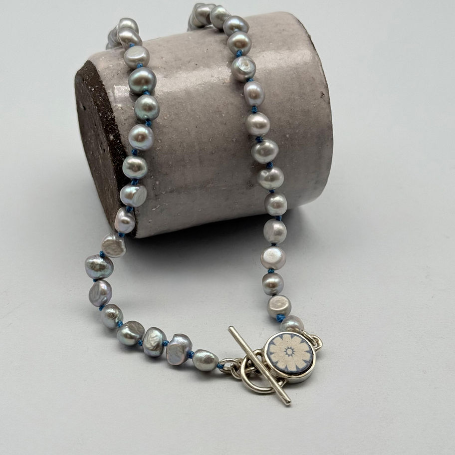 Grey Pearl Necklace on Blue Silk with Ceramic Clasp