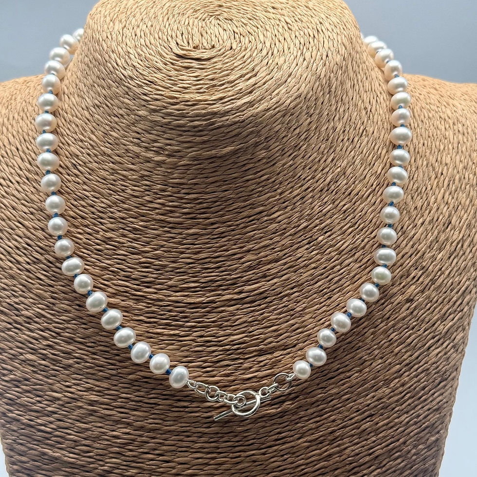 Pearl Necklace on Blue Silk with T-Bar Clasp