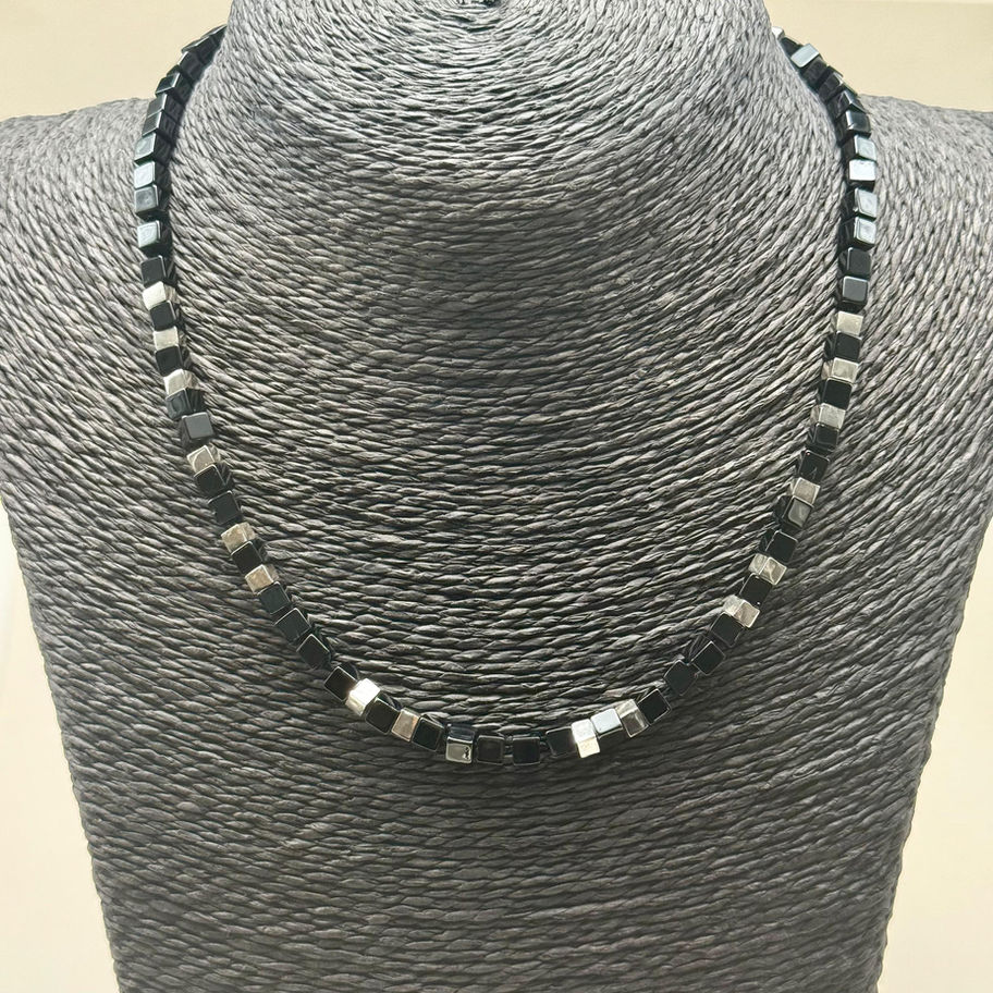 Square Onyx and Silver Bead Necklace
