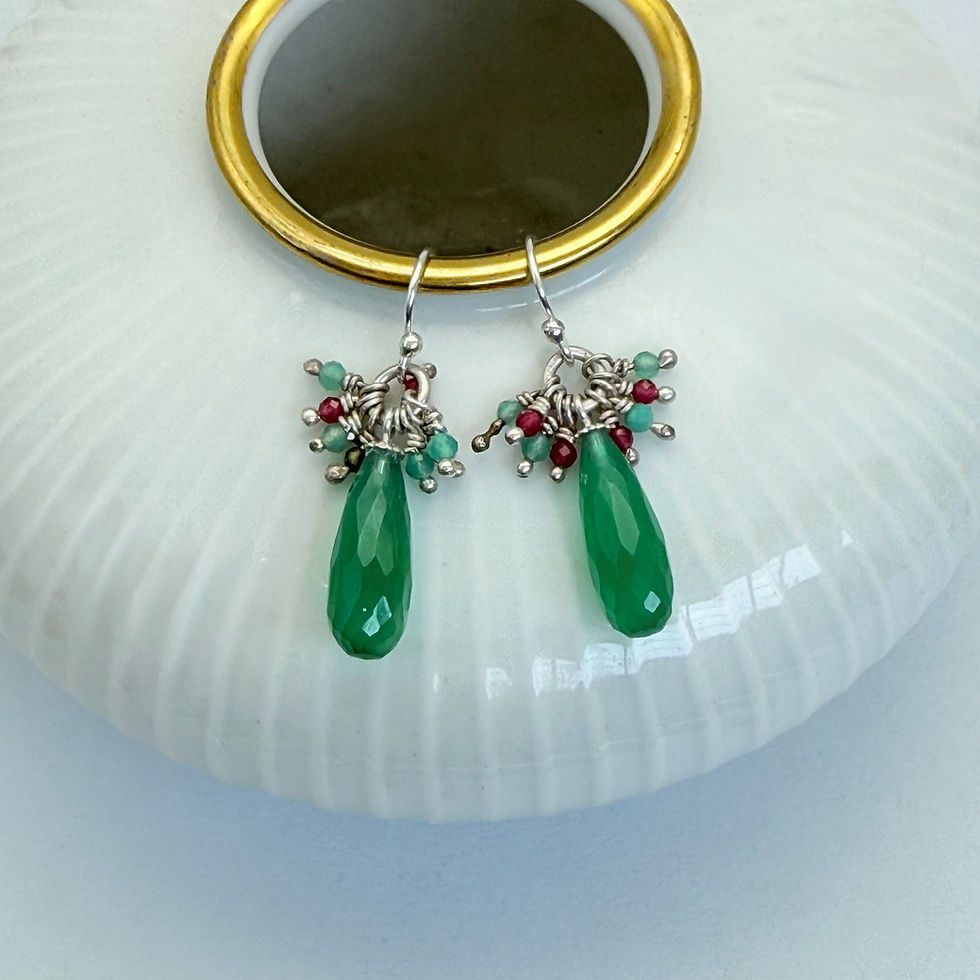 Green Onyx Drop Earrings with Aqua Calci and Ruby Cluster Beads