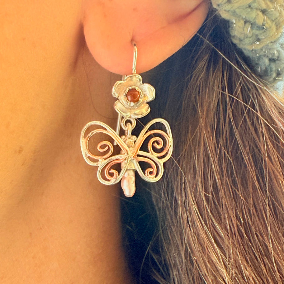 Carnelian Flower and Pearl Butterfly Earrings with Copper Detail