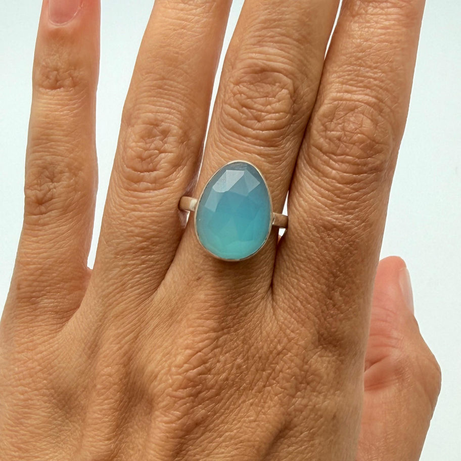 Aqua Calci Faceted Pear Ring