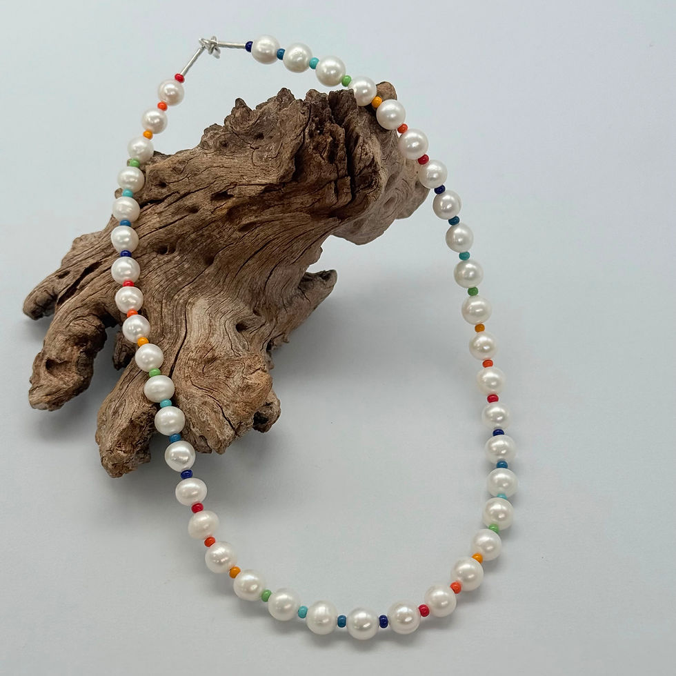 Round Pearl Necklace with Rainbow Czech Glass Beads