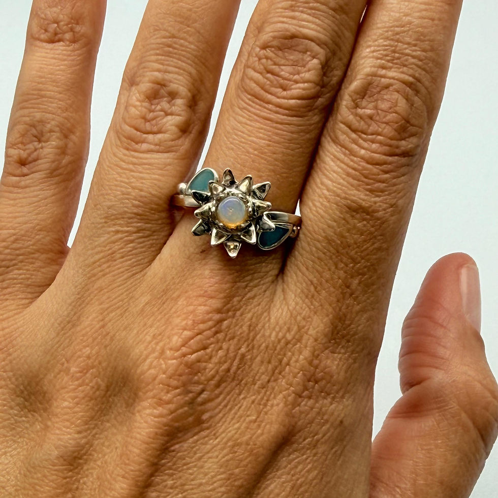 Opalite and Blue Enamel Flower Ring
