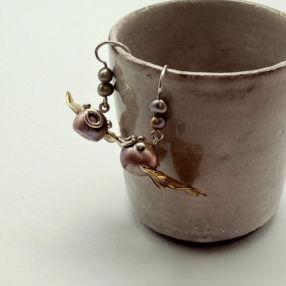 Pearl Fish Earrings with Copper Fins