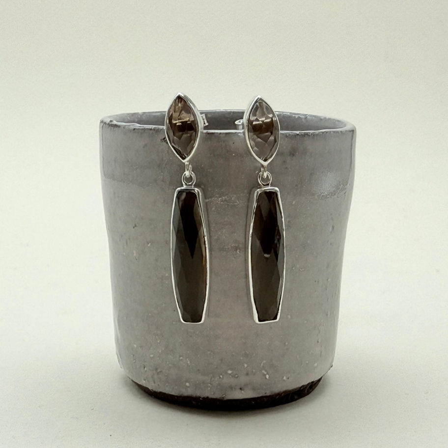 Smokey Quartz Double Drop Stud Earrings
