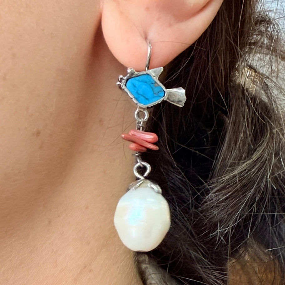 Turquoise, Coral and Pearl Earrings