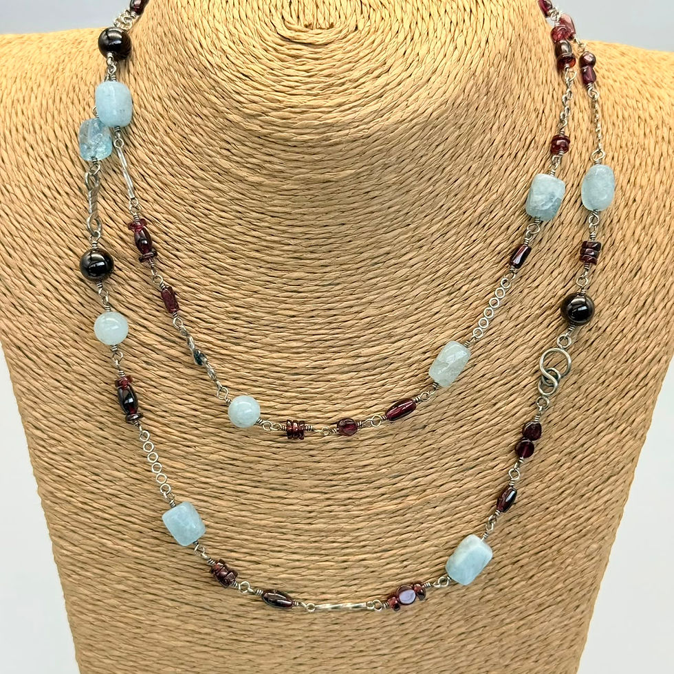 Aquamarine and Garnet Long Necklace