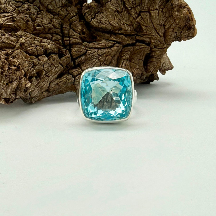 Large Swiss Blue Topaz Cushion Cut Ring