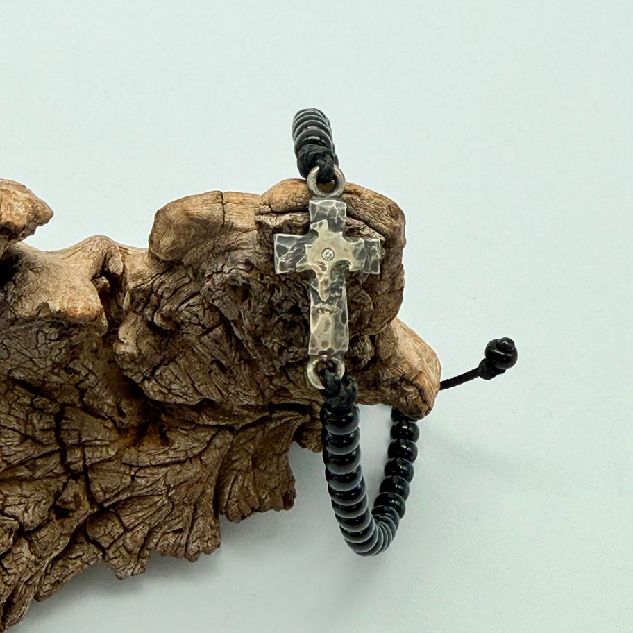 Oxidised Diamond Cross Bracelet on Microcord and Onyx Beads