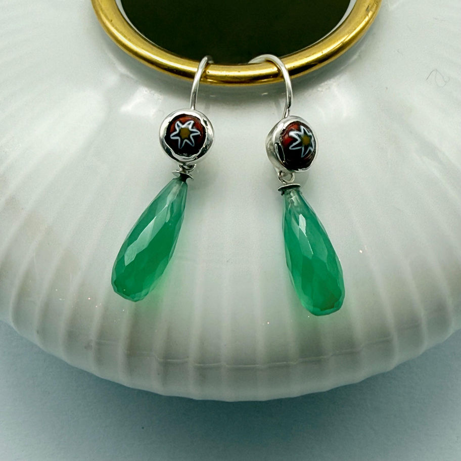 Glass Bead and Green Onyx Drop Earrings