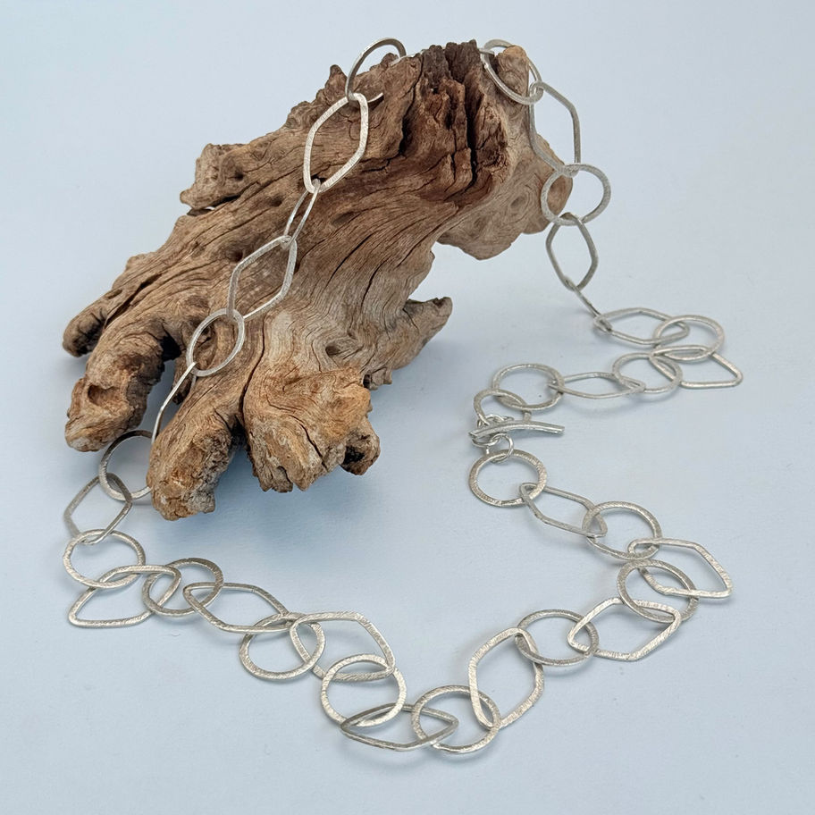 Brushed Kite and Round Link Long Necklace with T-Bar Clasp