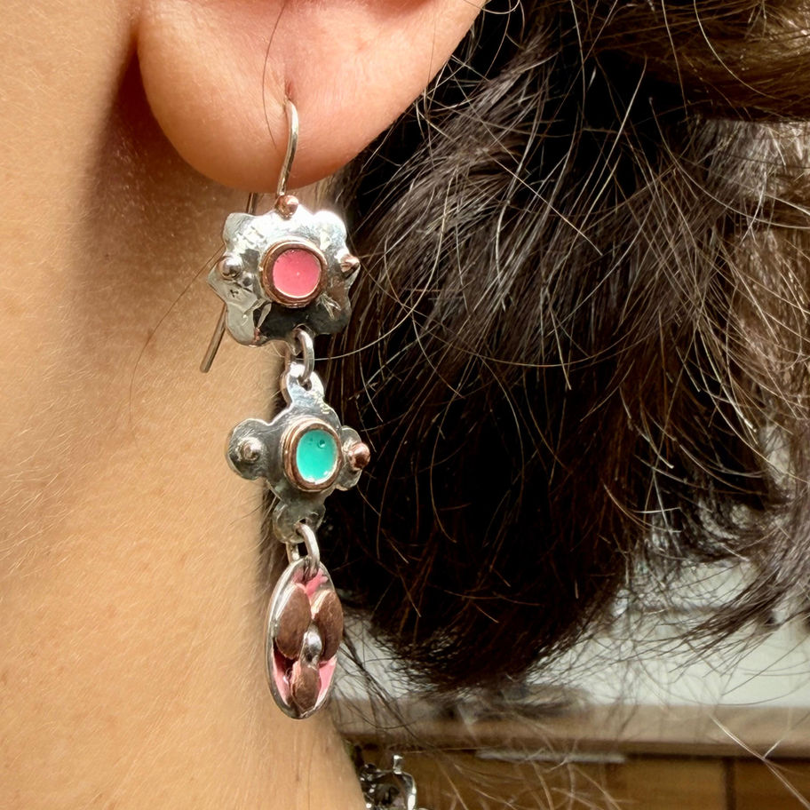 Mismatched Pink and Green Enamel Earrings with Copper Detail