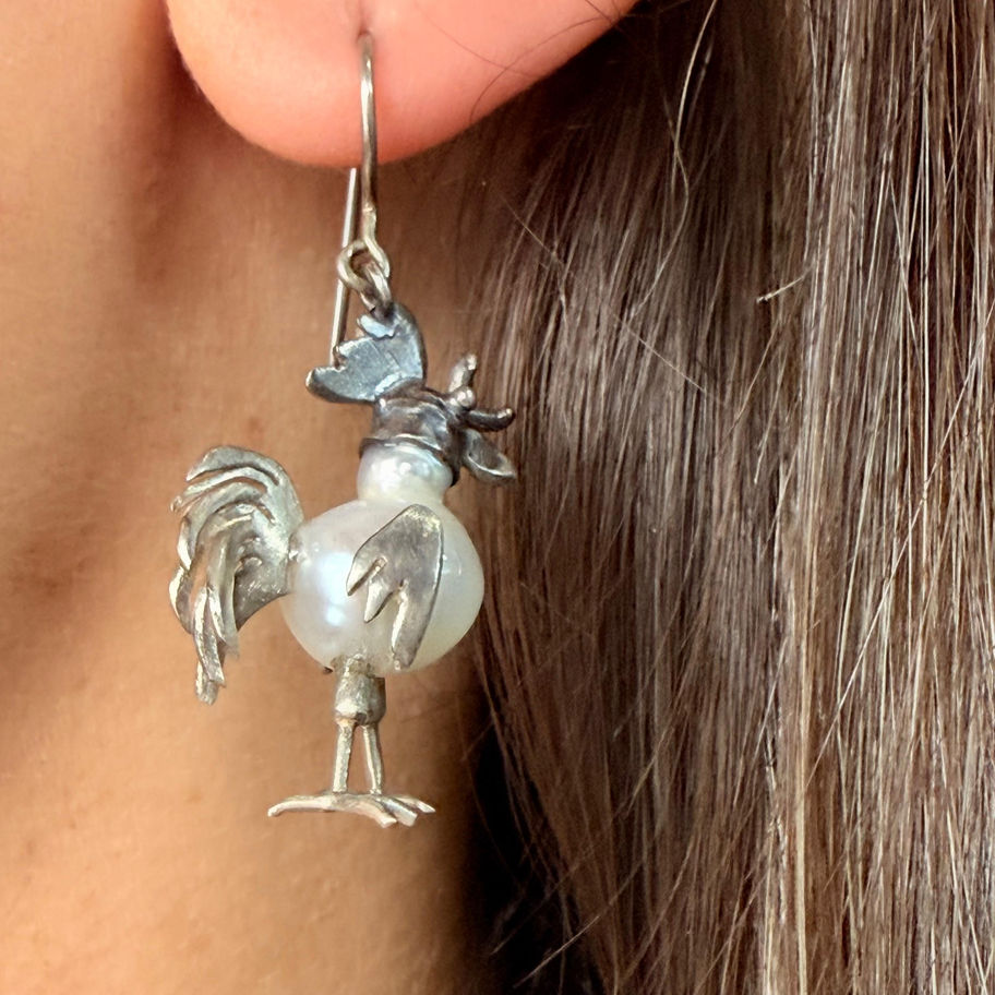 Rooster and Hen Pearl Earrings