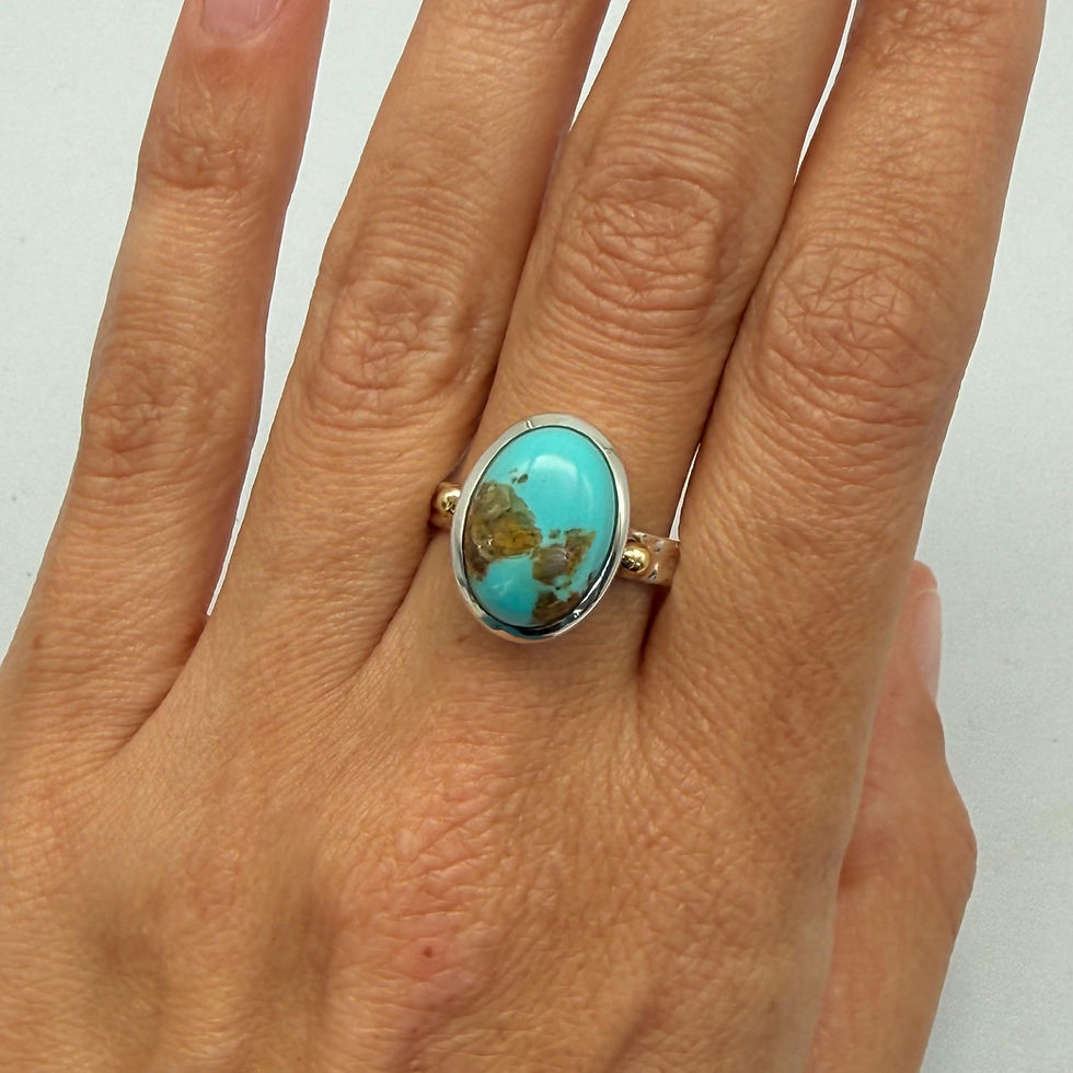 Turquoise Oval Ring with Brass Balls and Etched Band Detail