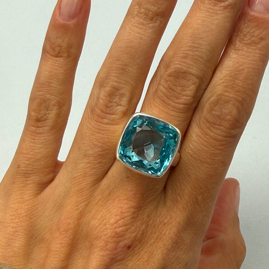 Large Swiss Blue Topaz Cushion Cut Ring