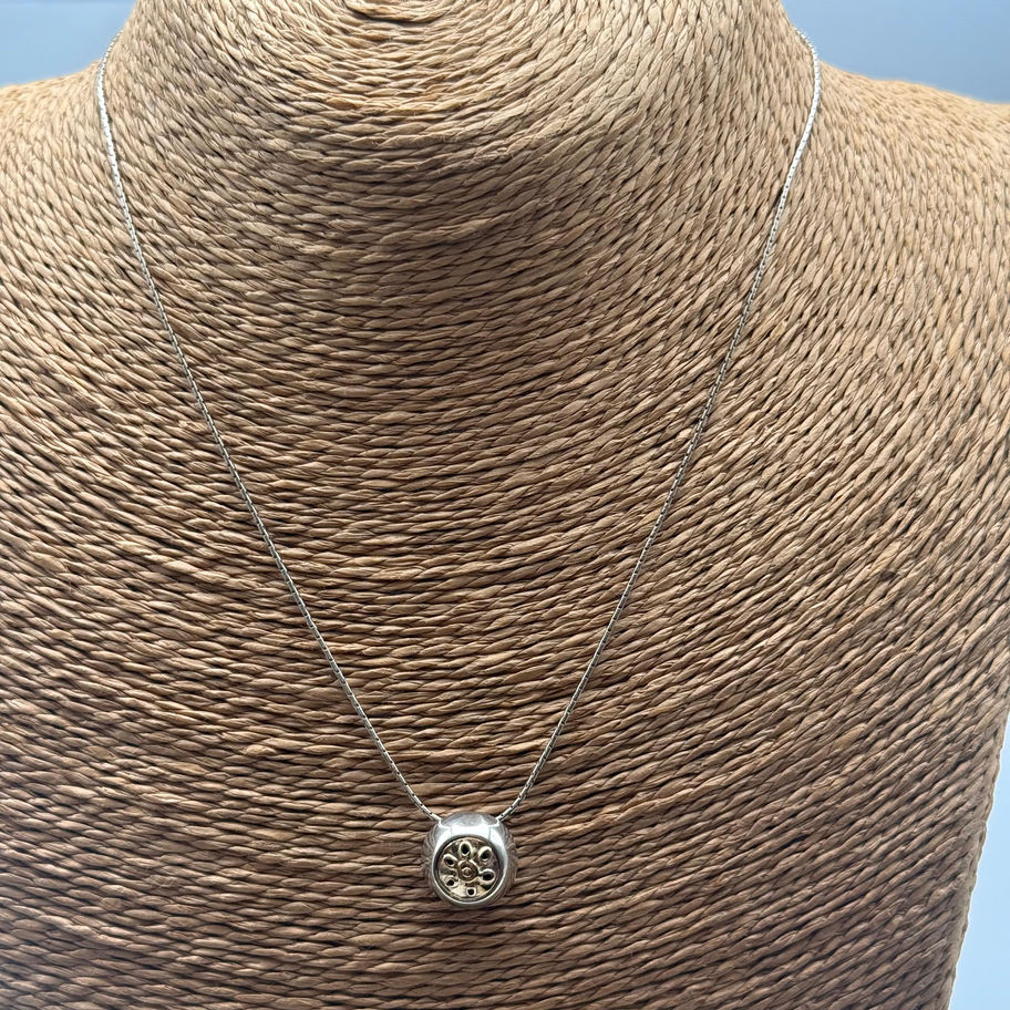 Necklace with Round Dome Pendant with Gold Plated Flower