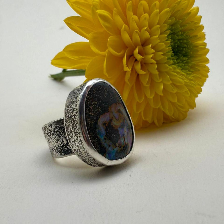 Boulder Opal Ring with Textured Band