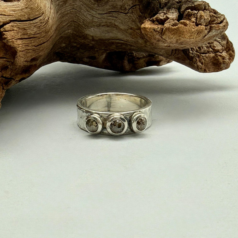 Salt and Pepper Rose Cut Diamonds on Hammered Band Ring