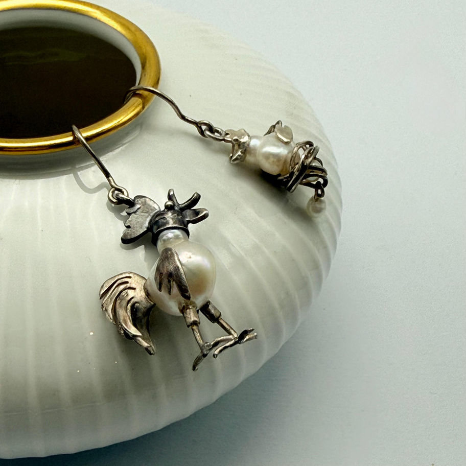 Rooster and Hen Pearl Earrings