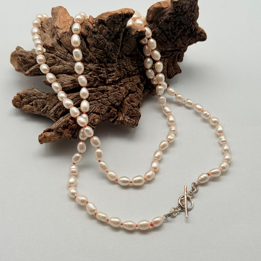 Long Pearl Necklace On Orange Silk with T Bar Clasp