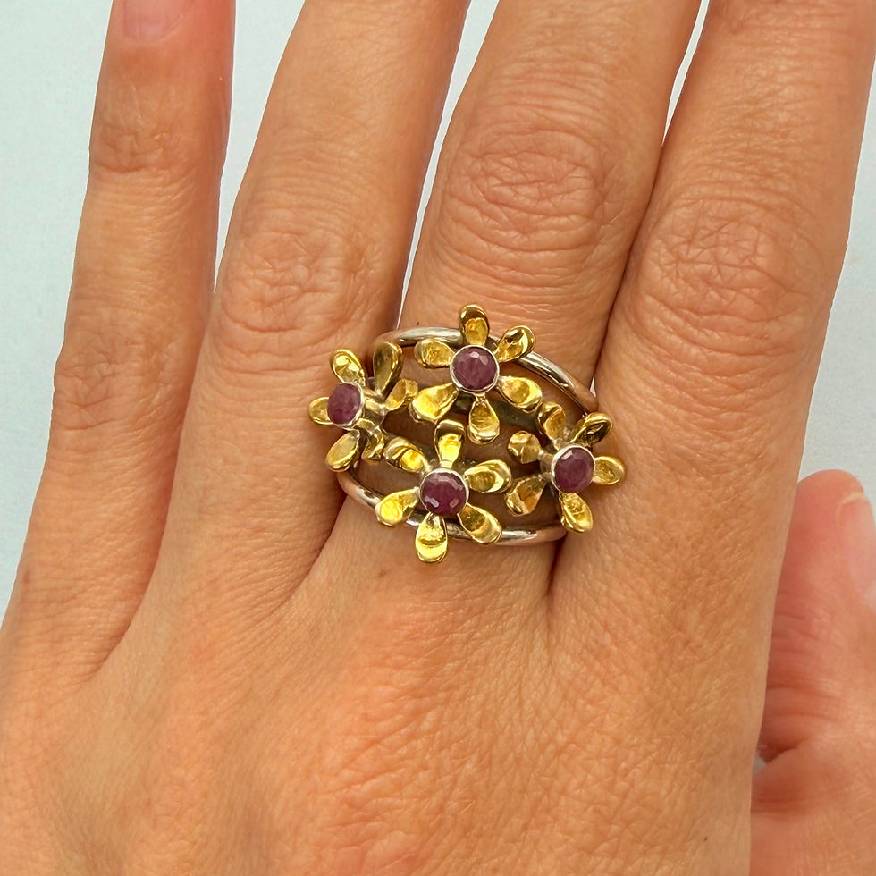 Brass and Silver Ruby Flower Ring