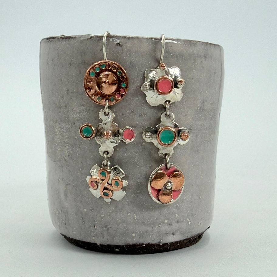 Mismatched Pink and Green Enamel Earrings with Copper Detail