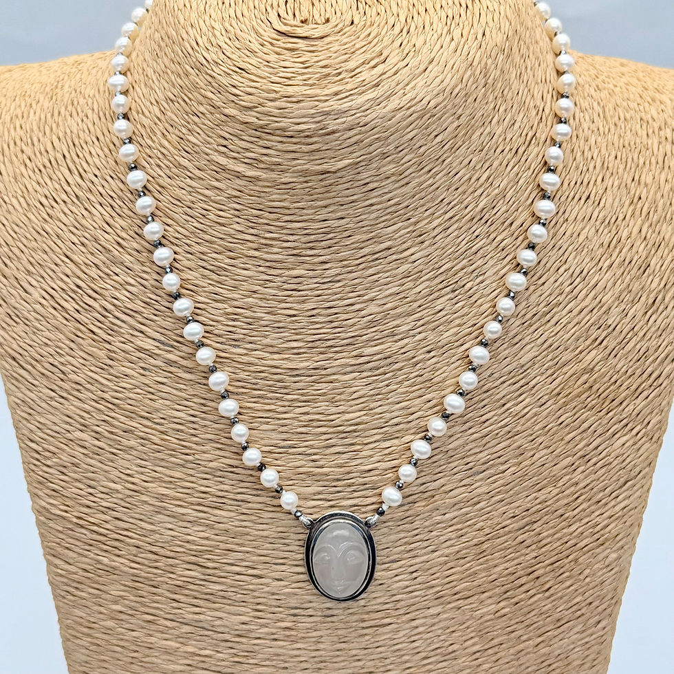 Carved Moonstone Pendant on Pearl and Hematite Bead Necklace