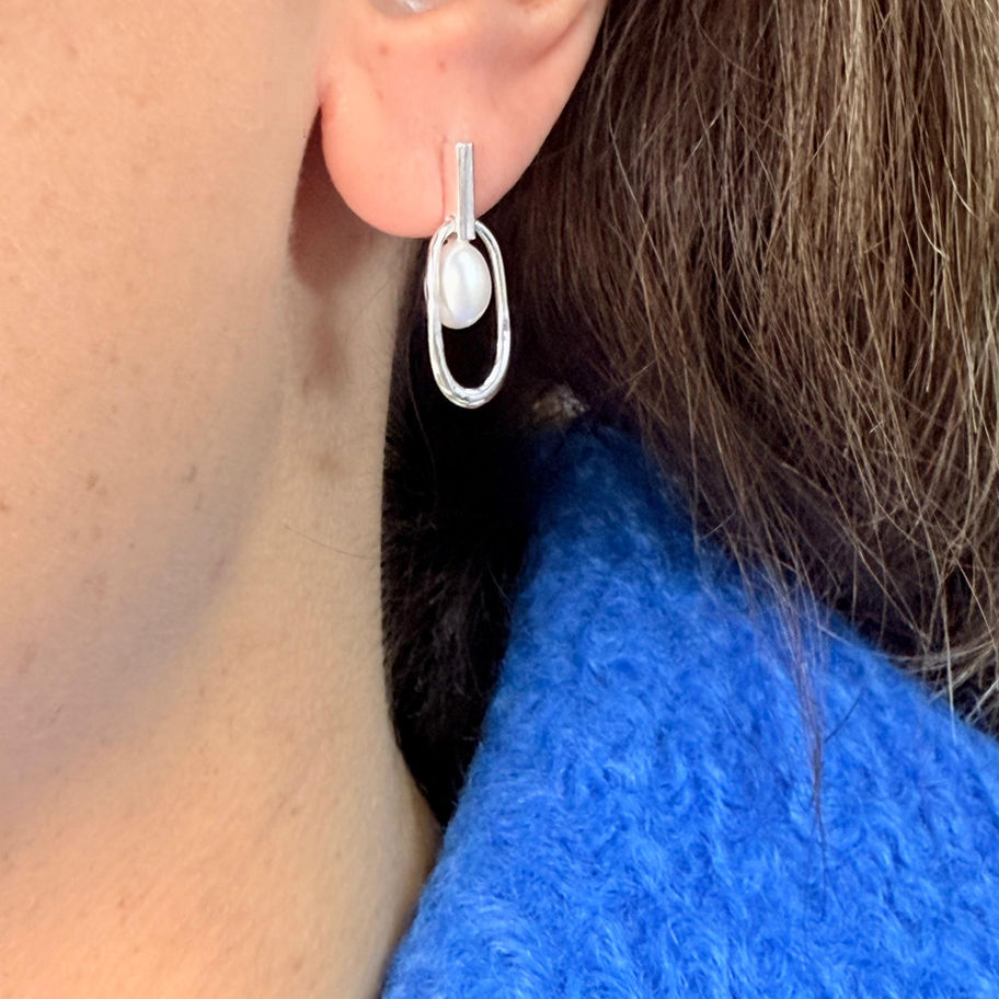 Pearl In Open Oval Earrings