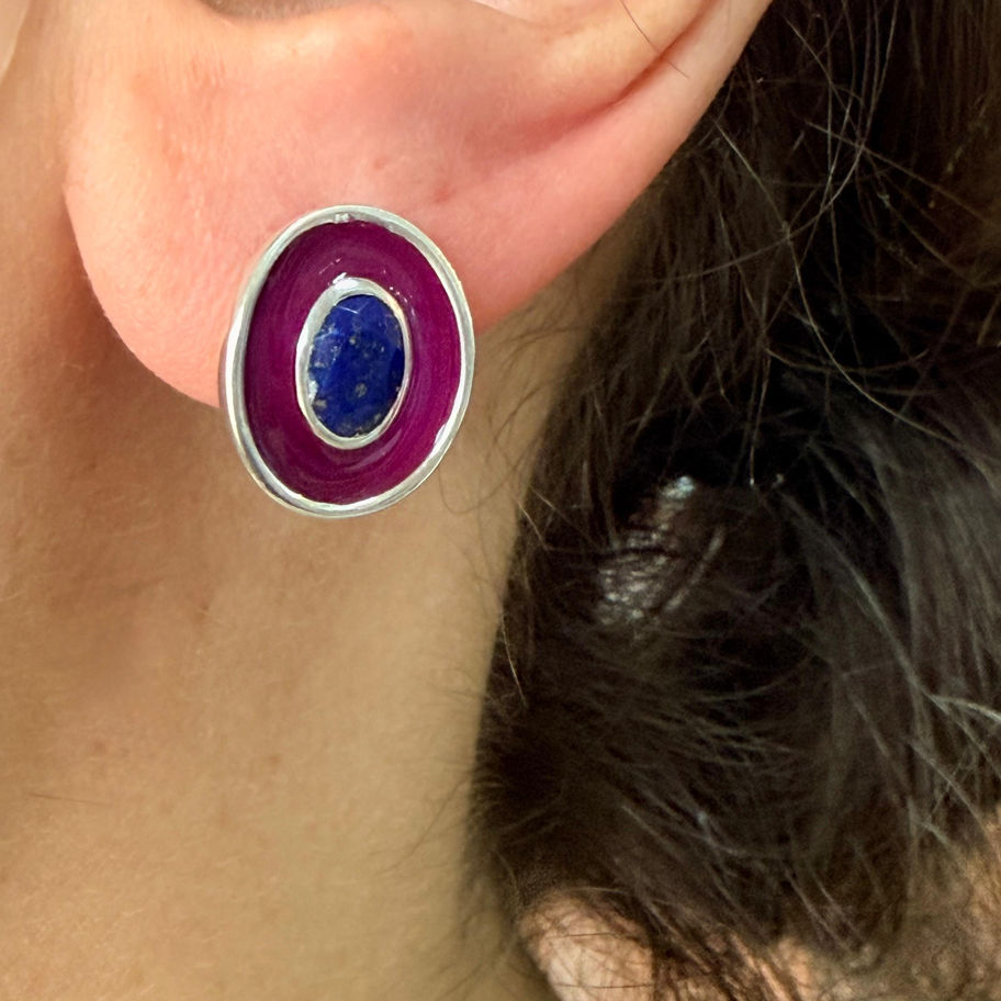 Purple Enamel and Lapis Lazuli Studs