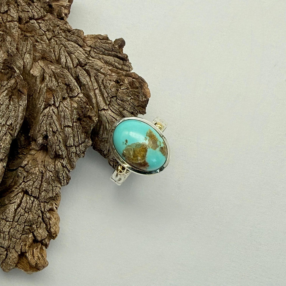 Turquoise Oval Ring with Brass Balls and Etched Band Detail