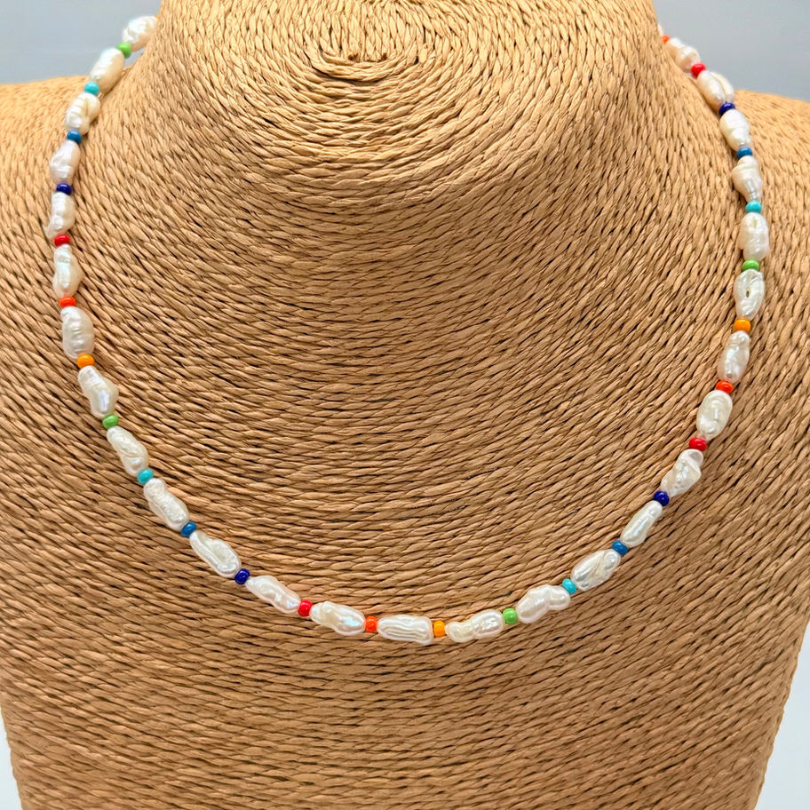 Seed Pearl and Rainbow Czech Glass Bead Necklace
