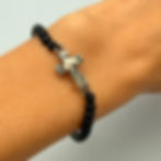 Oxidised Diamond Cross Bracelet on Microcord and Onyx Beads